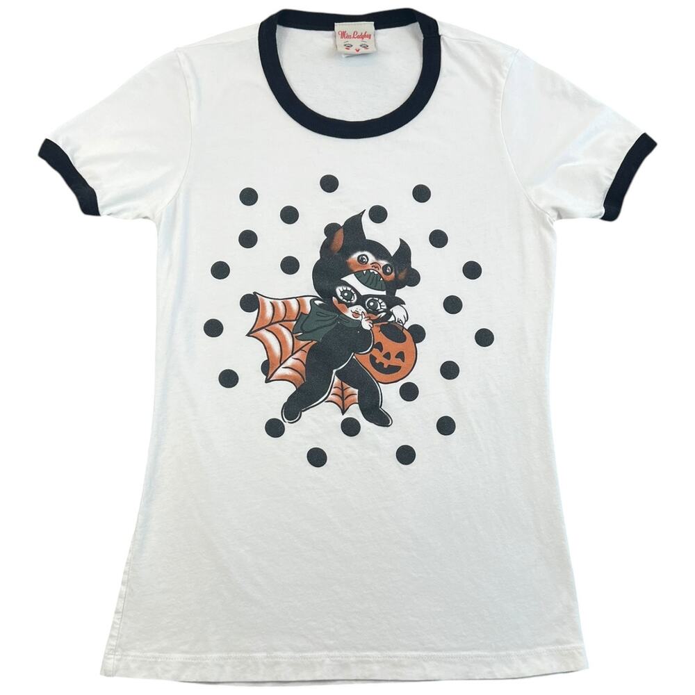 Miss Ladybug Halloween Bat Pumpkin Ringer Graphic Tee Cotton USA Slim Fit Small